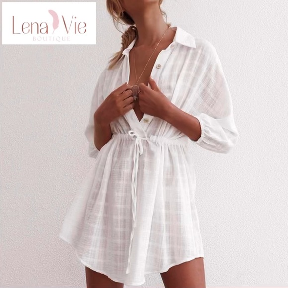 Lena Vie | Sheer Cotton White Plaid Sexy Shirt Dress, Cover-up Sundress - Picture 10 of 15